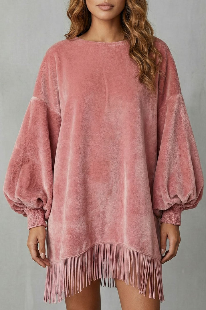 Bellurie – Robe courte à manches bouffantes et à franges