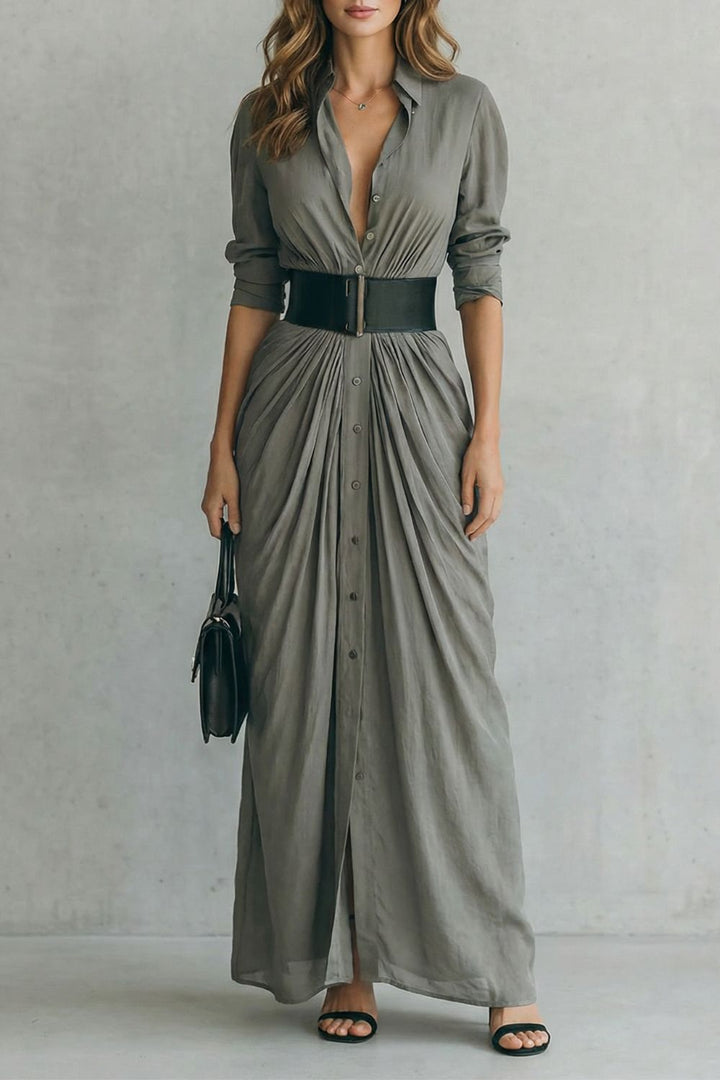 Solenzia – Robe chemise maxi plissée à taille haute avec ceinture