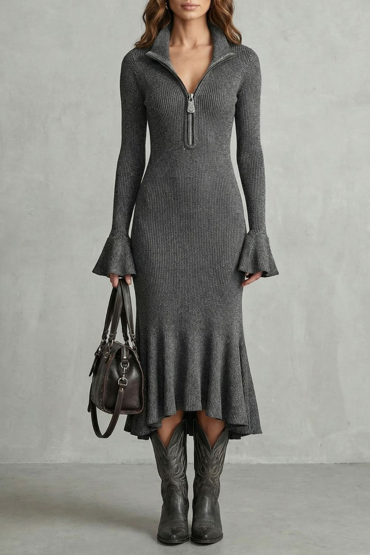 Veloria – Robe midi élégante à manches évasées et fermeture éclair