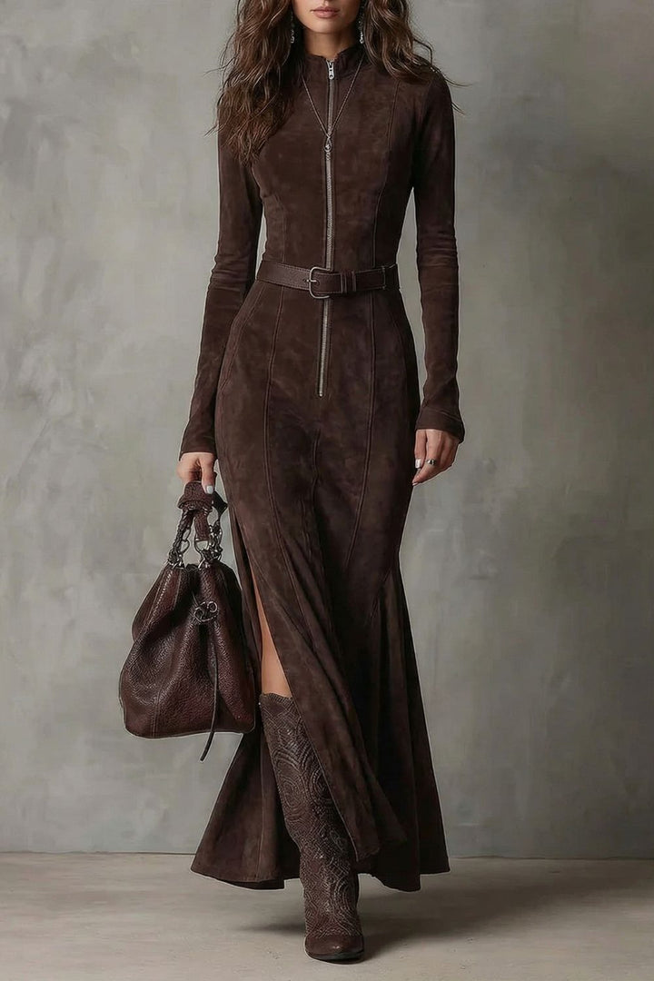 Raviona – Robe longue zippée en daim avec ceinture intégrée
