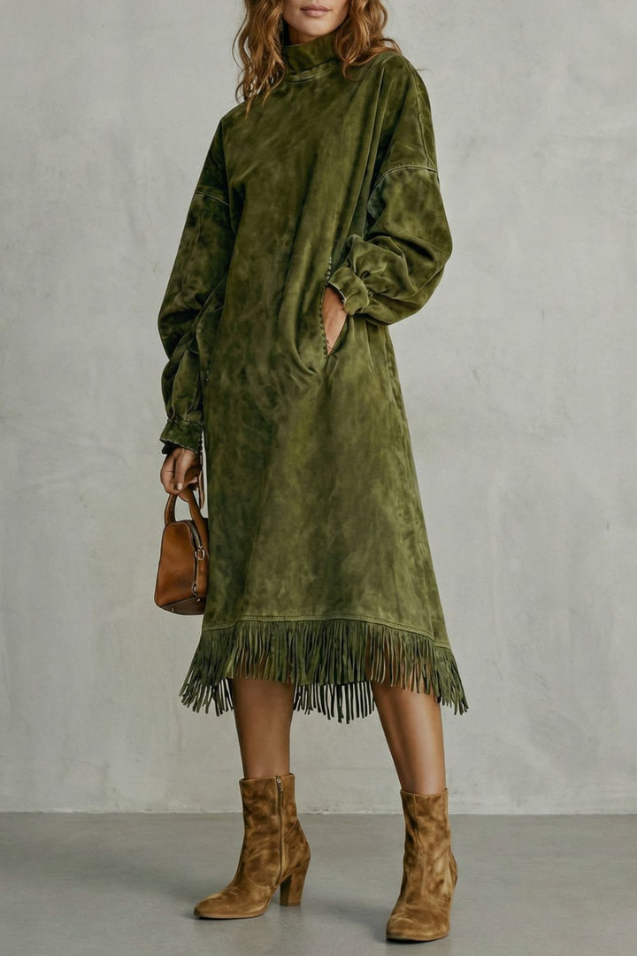 Valdrina – Robe midi à col roulé avec détails à franges en daim