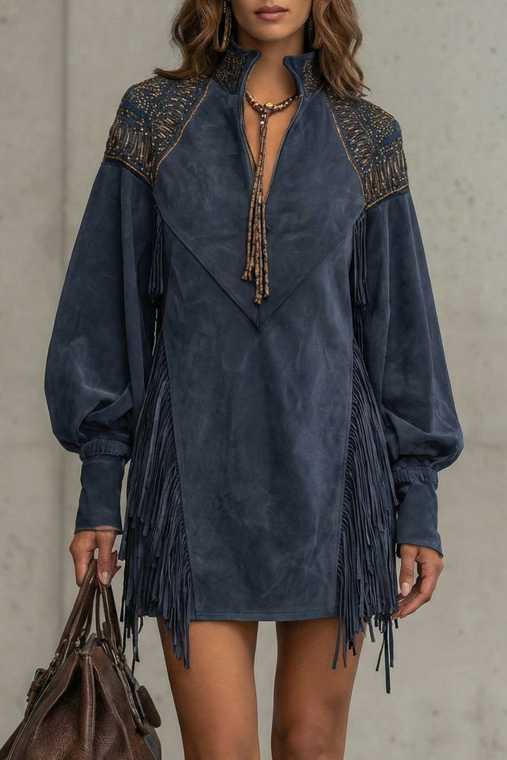 Calvetta – Robe tunique courte à franges brodées