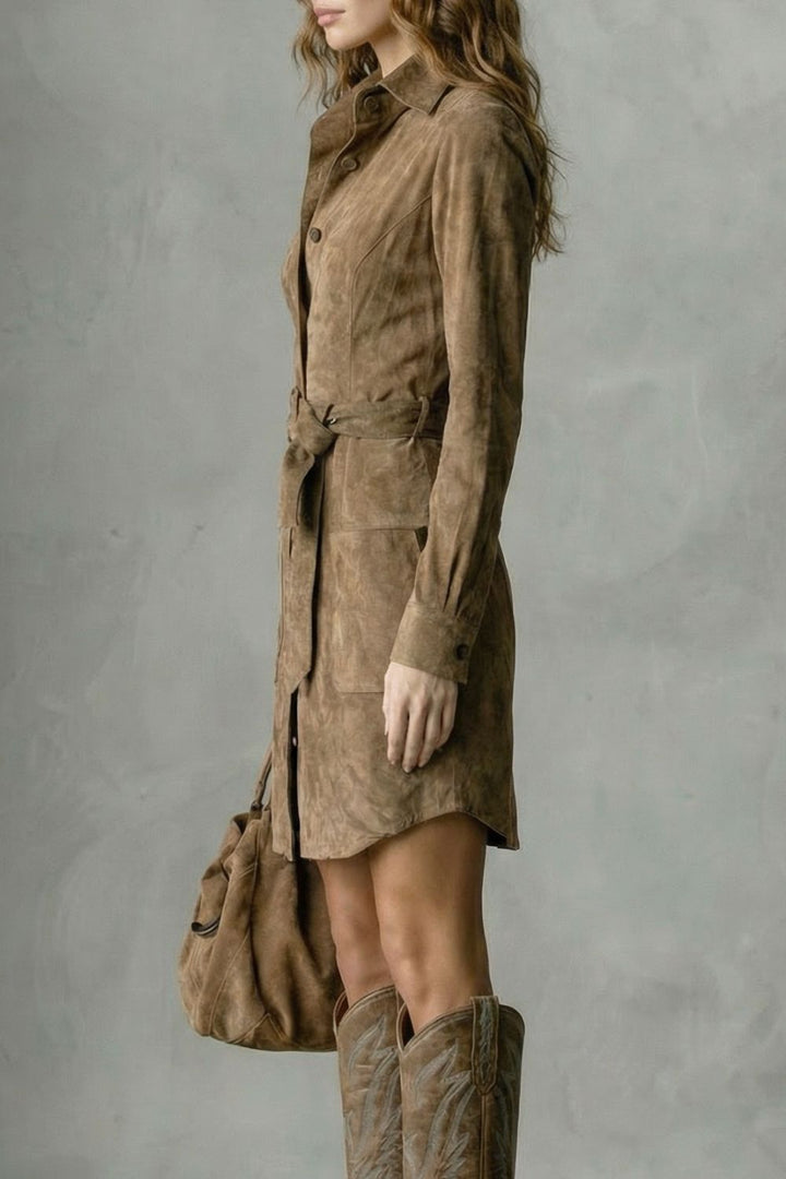 Vellessa – Robe midi élégante en daim à la silhouette habillée
