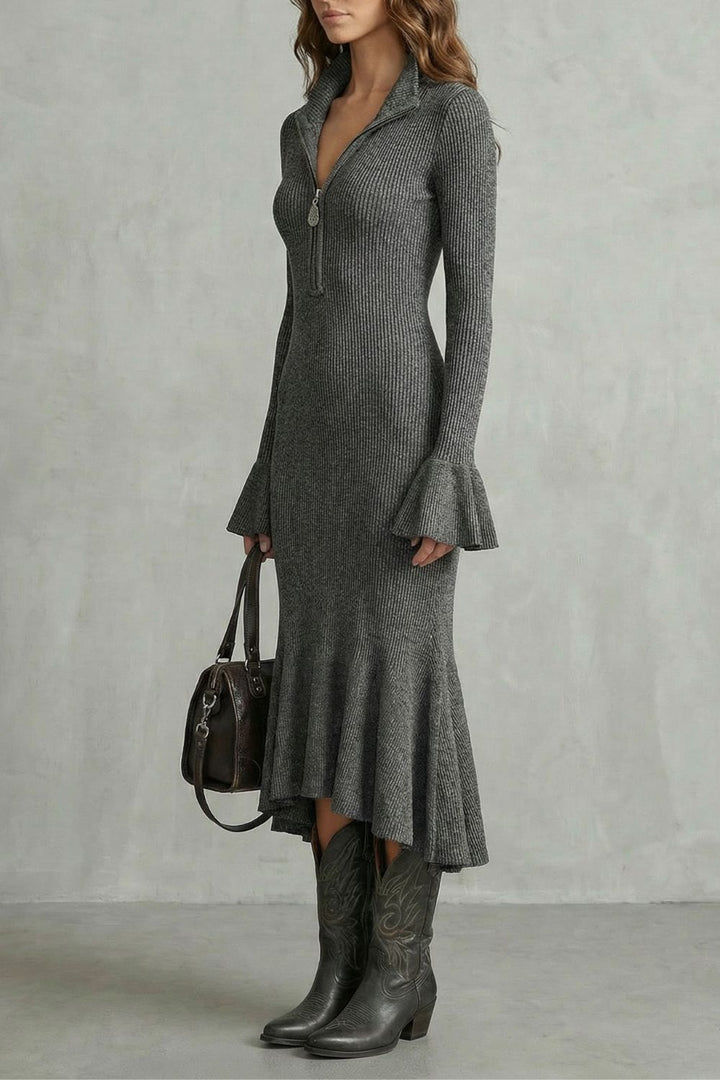 Veloria – Robe midi élégante à manches évasées et fermeture éclair