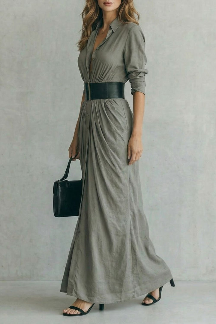 Solenzia – Robe chemise maxi plissée à taille haute avec ceinture