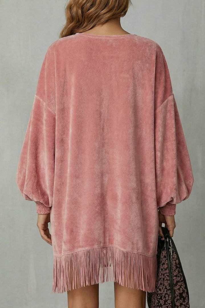 Bellurie – Robe courte à manches bouffantes et à franges