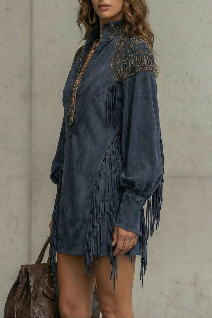 Calvetta – Robe tunique courte à franges brodées