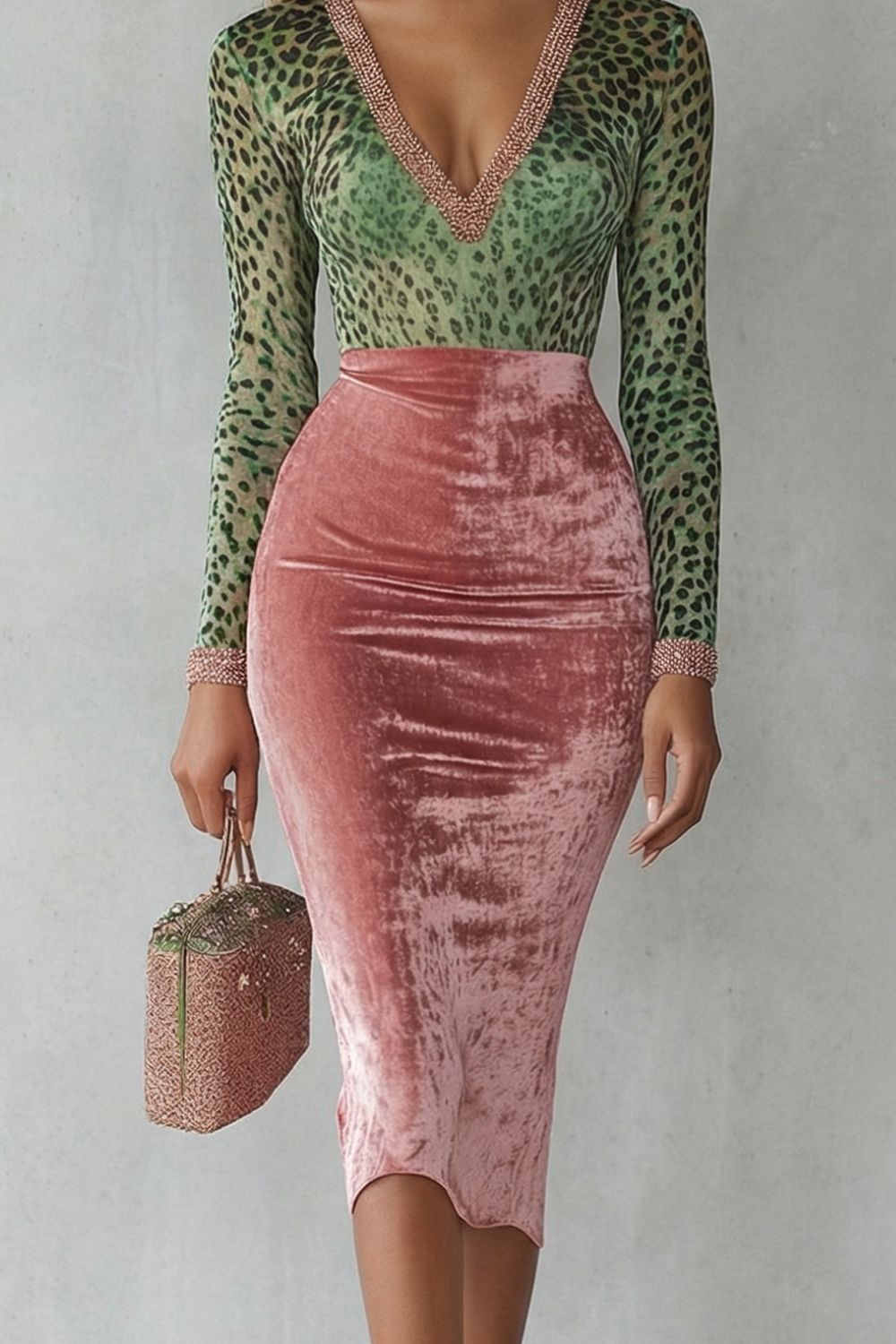 Virelline – Robe midi moulante en velours imprimé léopard contrastant