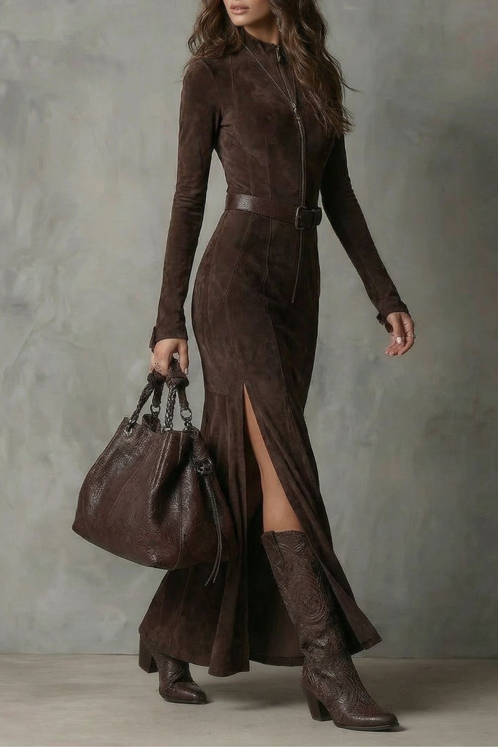 Raviona – Robe longue zippée en daim avec ceinture intégrée