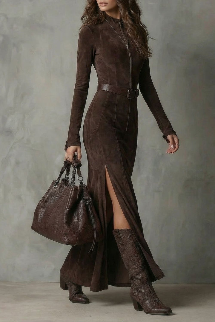 Raviona – Robe longue zippée en daim avec ceinture intégrée