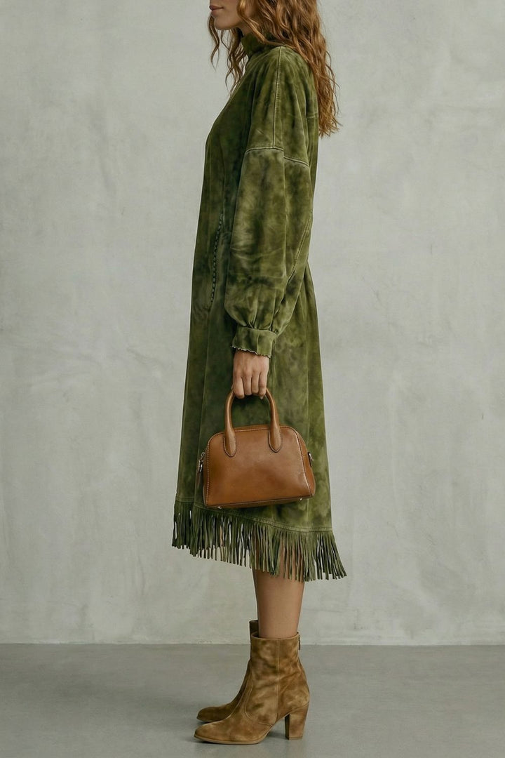 Valdrina – Robe midi à col roulé avec détails à franges en daim