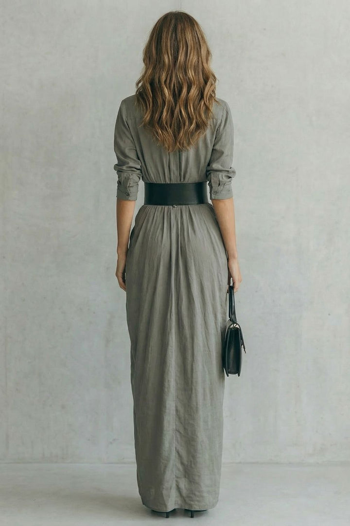 Solenzia – Robe chemise maxi plissée à taille haute avec ceinture