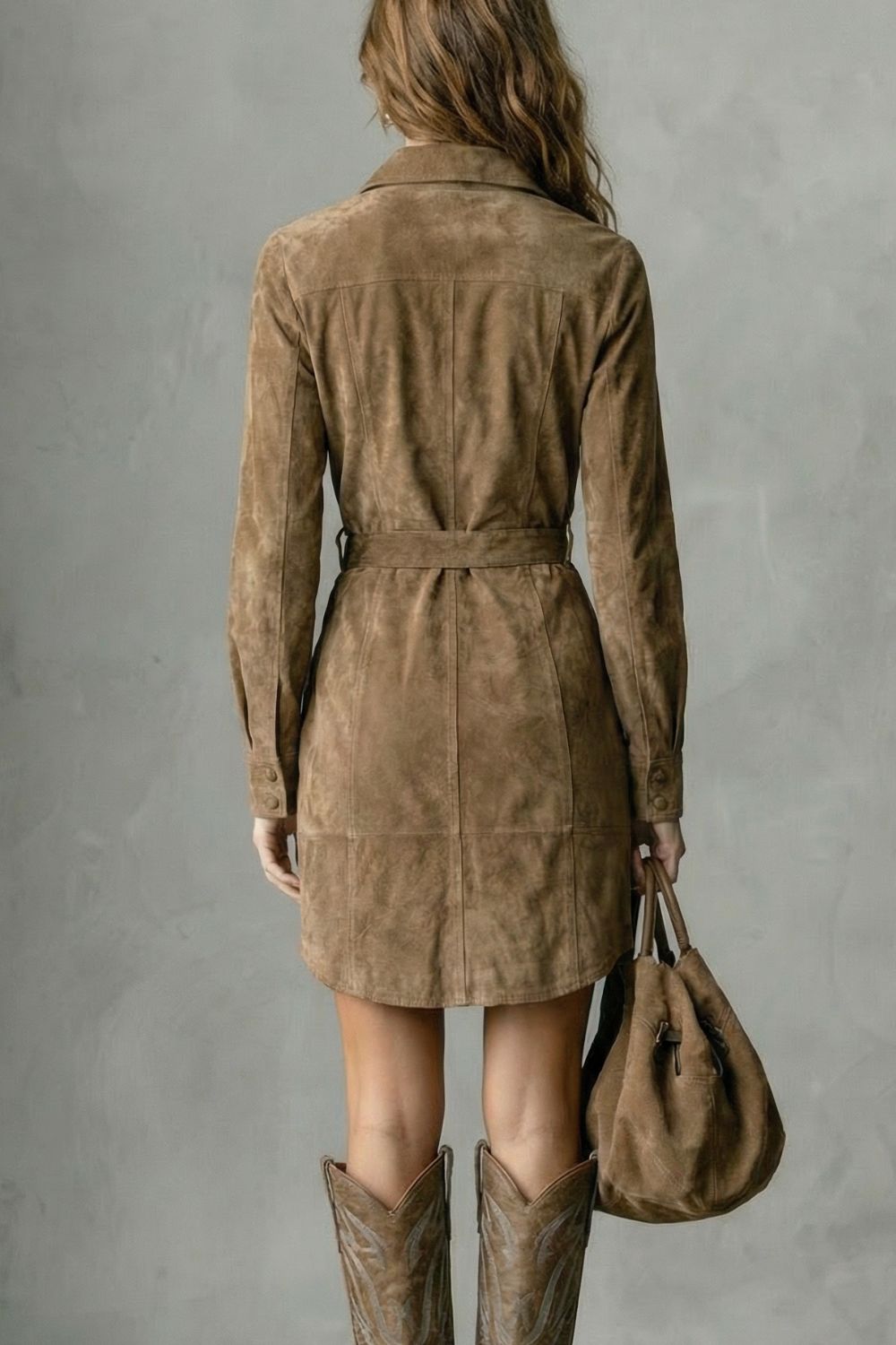 Vellessa – Robe midi élégante en daim à la silhouette habillée