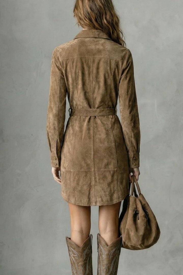 Vellessa – Robe midi élégante en daim à la silhouette habillée