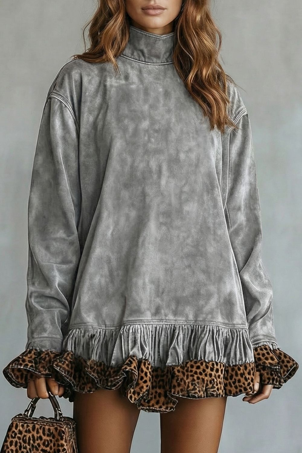 Selvatta – Robe courte en daim à imprimé léopard et à volants