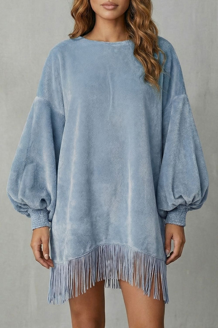 Bellurie – Robe courte à manches bouffantes et à franges
