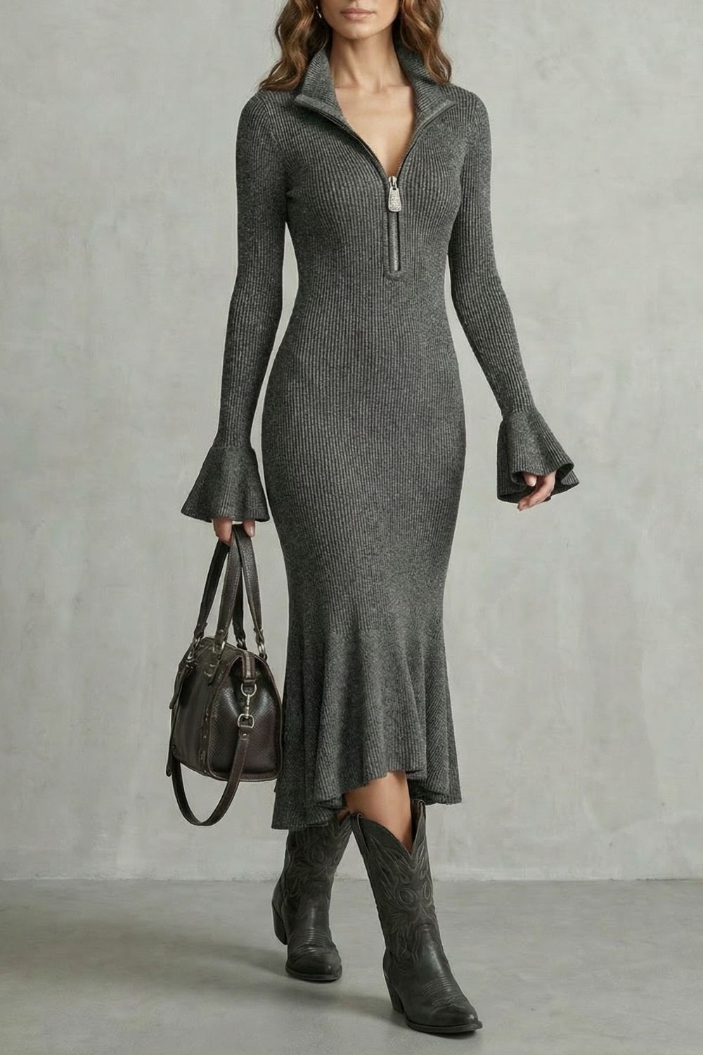 Veloria – Robe midi élégante à manches évasées et fermeture éclair