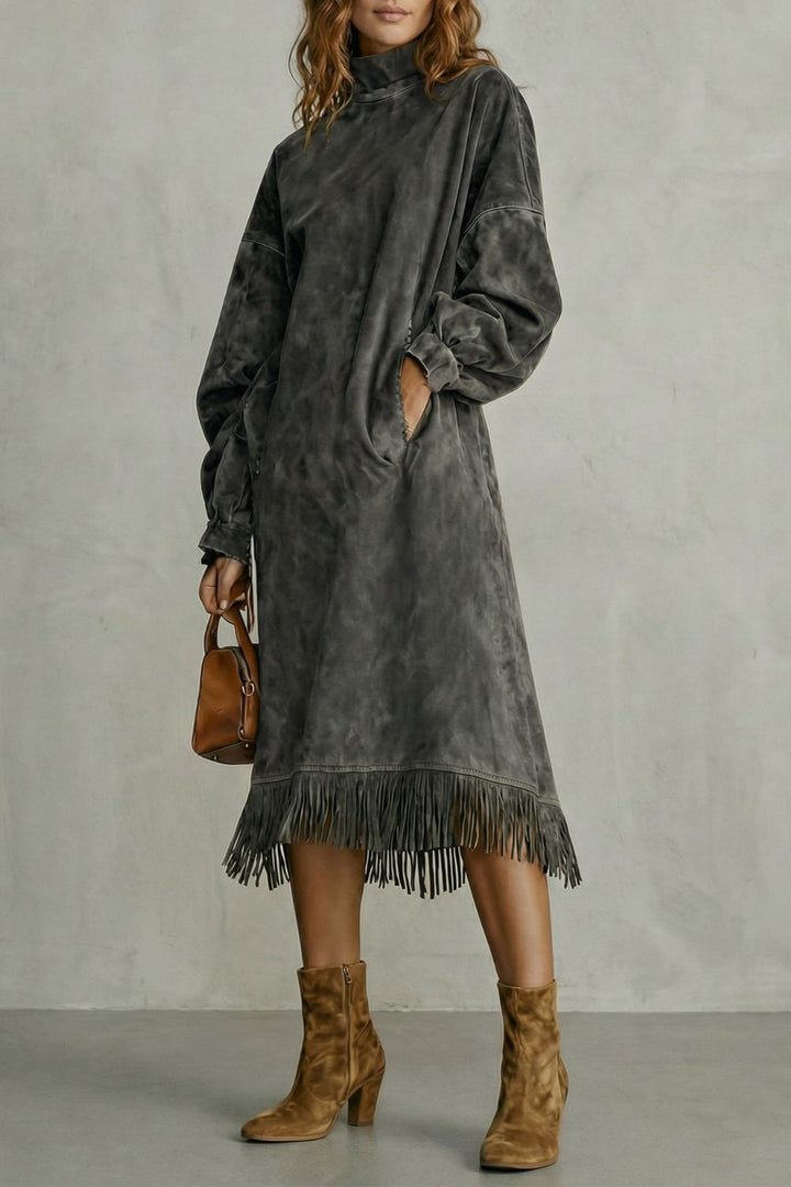 Valdrina – Robe midi à col roulé avec détails à franges en daim