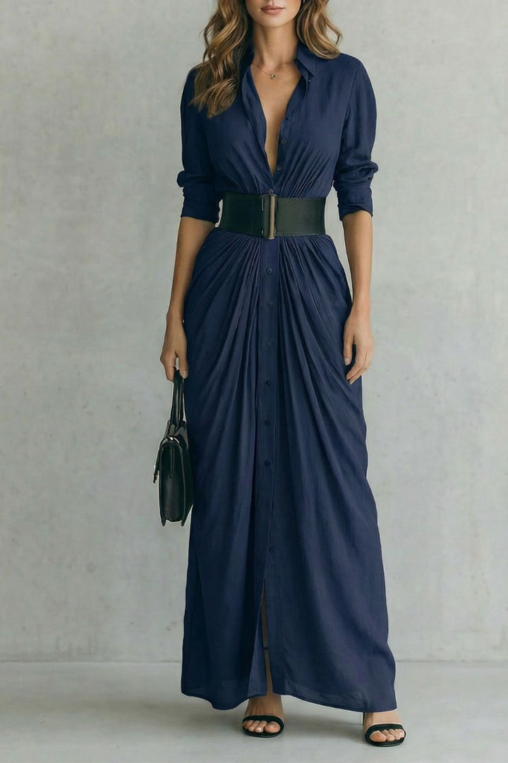Solenzia – Robe chemise maxi plissée à taille haute avec ceinture