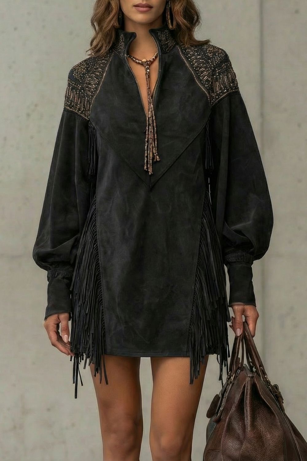 Calvetta – Robe tunique courte à franges brodées