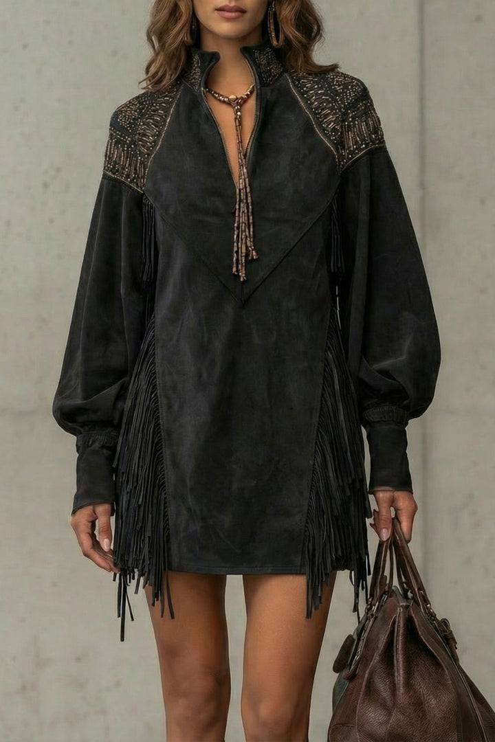 Calvetta – Robe tunique courte à franges brodées