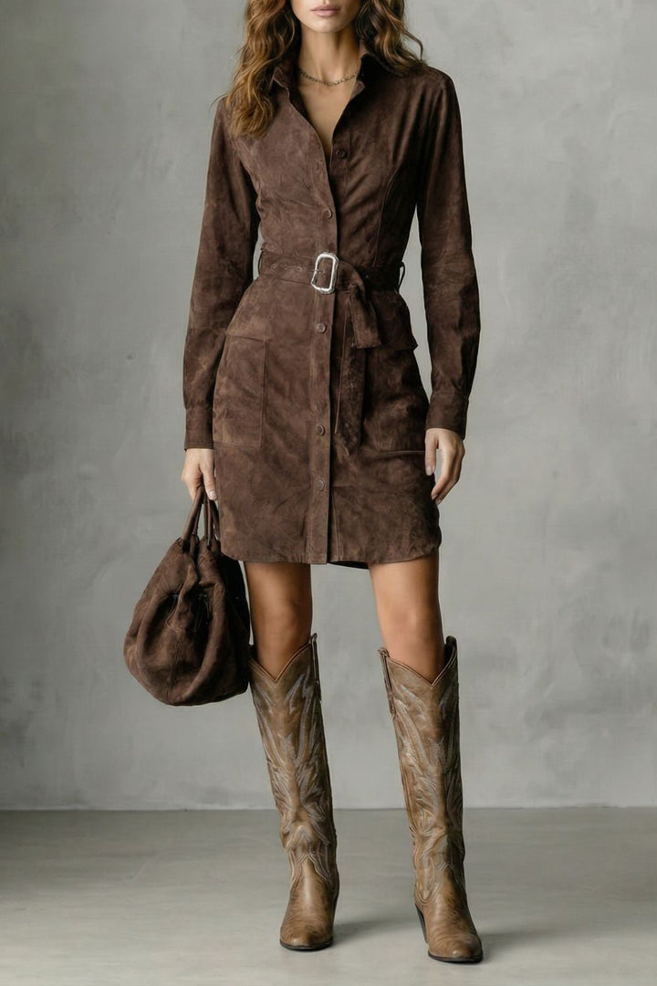 Vellessa – Robe midi élégante en daim à la silhouette habillée