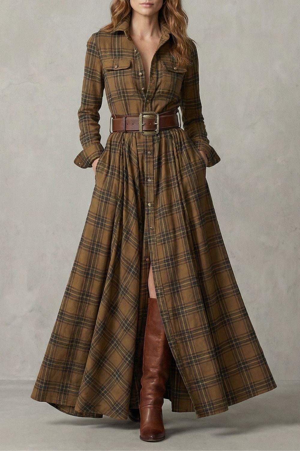 Velerine – Robe chemise longue à carreaux Hoogland Charme avec ceinture