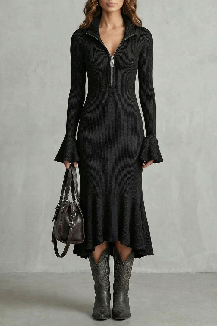Veloria – Robe midi élégante à manches évasées et fermeture éclair