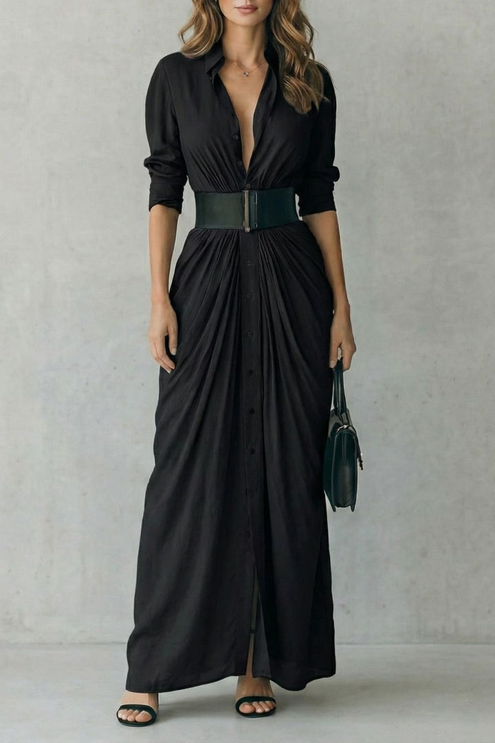 Solenzia – Robe chemise maxi plissée à taille haute avec ceinture