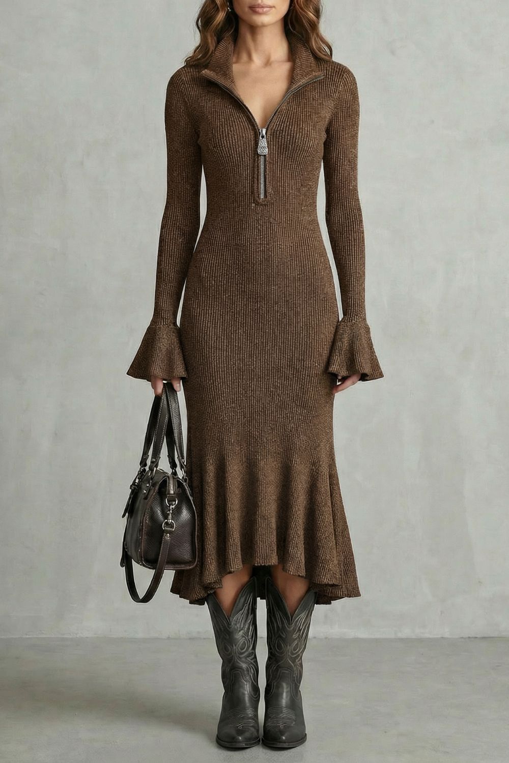 Veloria – Robe midi élégante à manches évasées et fermeture éclair