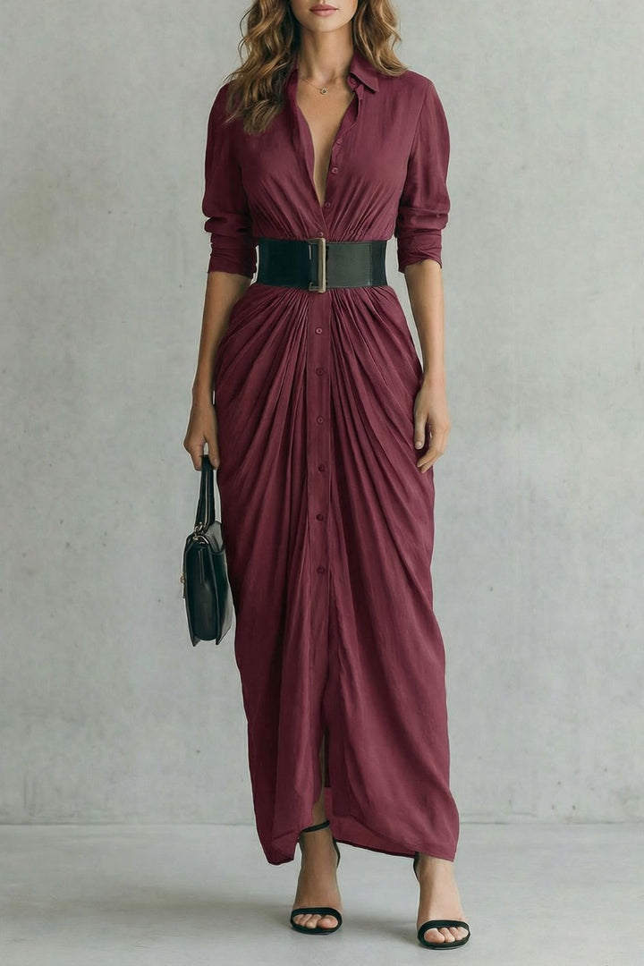 Solenzia – Robe chemise maxi plissée à taille haute avec ceinture