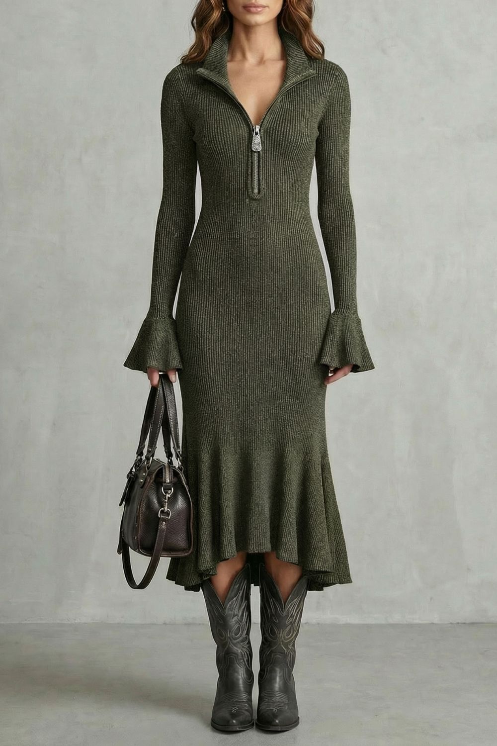 Veloria – Robe midi élégante à manches évasées et fermeture éclair