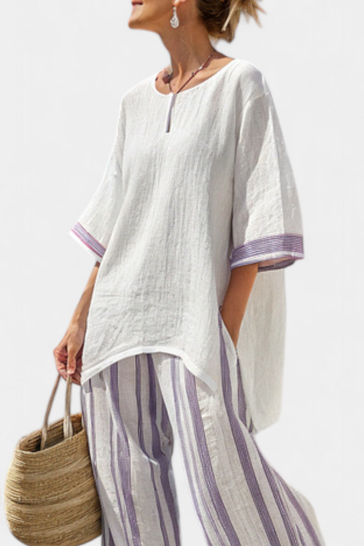 Mia | Ensemble en lin à rayures lilas