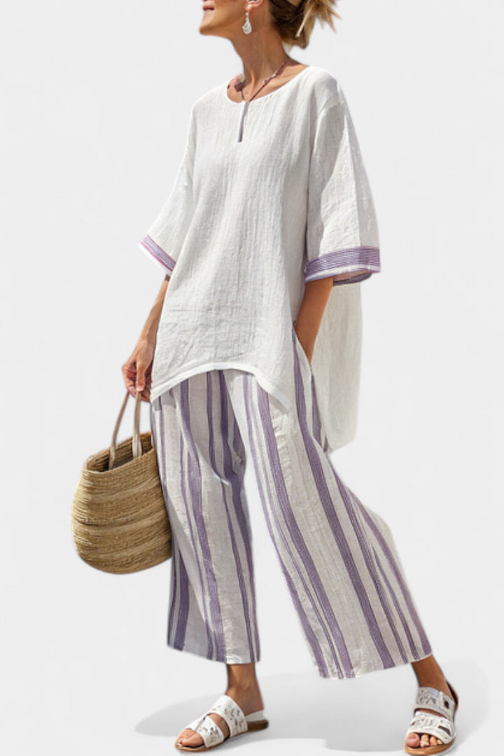 Mia | Ensemble en lin à rayures lilas