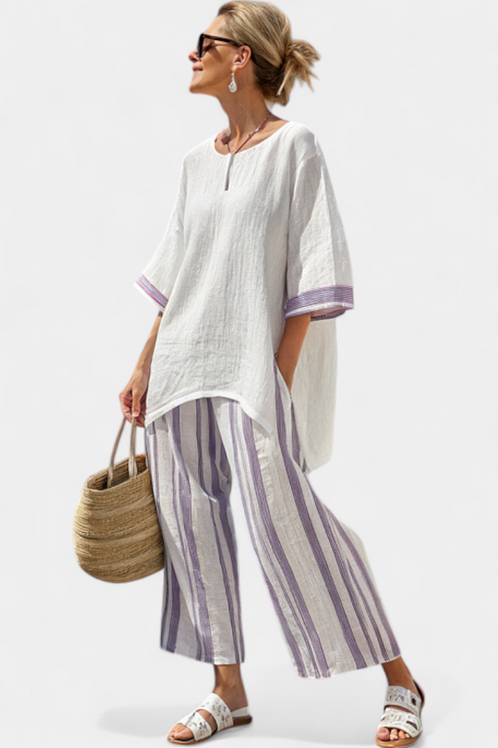 Mia | Ensemble en lin à rayures lilas
