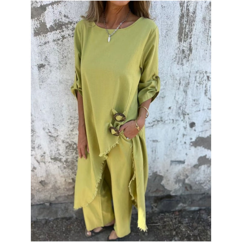 Ensemble Confortable en Coton-Lin : Robe et Pantalon à Deux Pièces