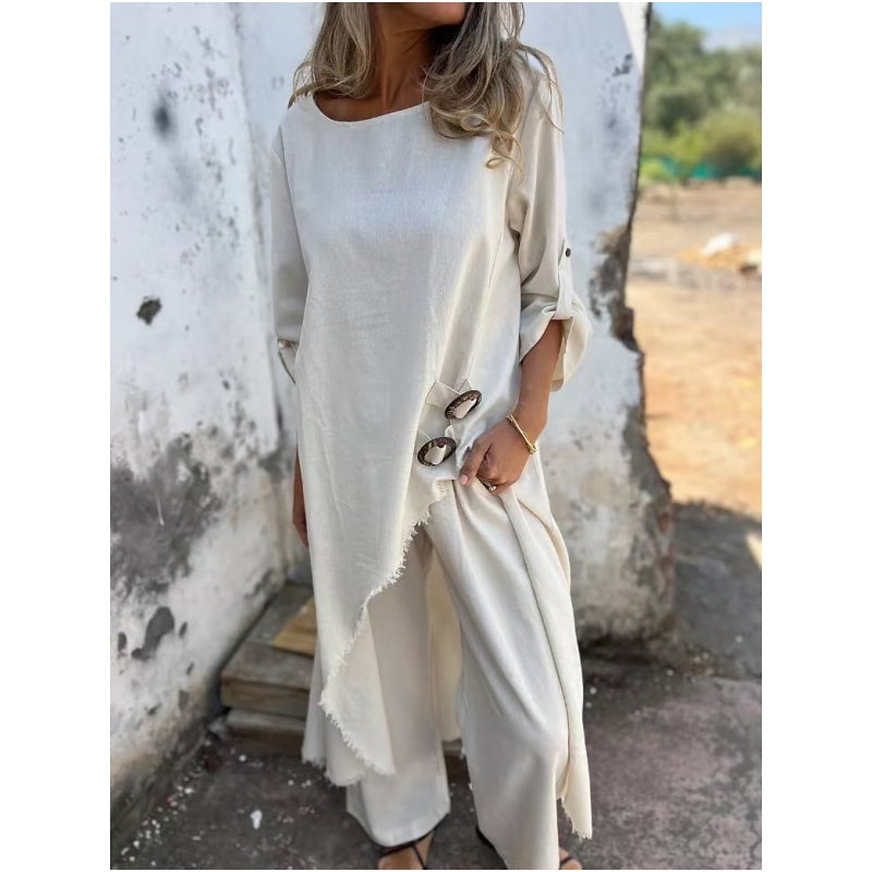 Ensemble Confortable en Coton-Lin : Robe et Pantalon à Deux Pièces